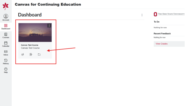 webpage showing Canvas dashboard with a course indicated in a red box with a red arrow