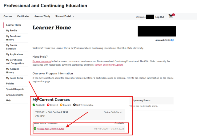 Learner home menu shown with red boxes indicating the referenced courses and access links