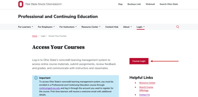 an image showing the Professional and Continuing Education website and the login to "Access Your Courses." The "Course Login" button on the page is indicated with a red arrow.