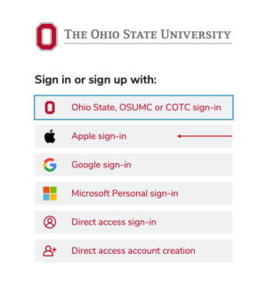 an image showing possible log-in options to access Canvas platform. The second option of the menu is indicated with an arrow for selection.