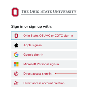 an image showing possible log-in options to access Canvas platform; the fifth option of the menu is indicated with a red arrow.