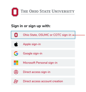 image showing possible log-in options for the Canvas platform. The top option of the menu is indicated with an arrow for selection.